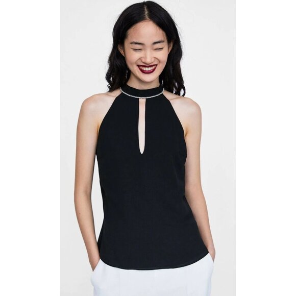 ZARA - Women's Rhinestone Diamond Crystal Backless Draped Halter Top - Black - Picture 1 of 16